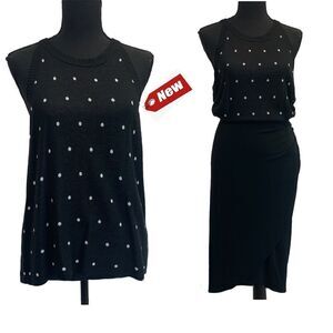 BELLE By Belldini Black white polkadot knit tank top sweater Sz L NWT
